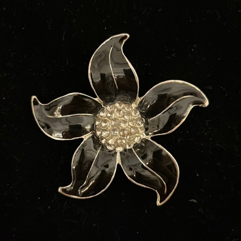 Black Enamel &‎ Clear Rhinestones Silver Tone Large Vintage Pin Brooch
